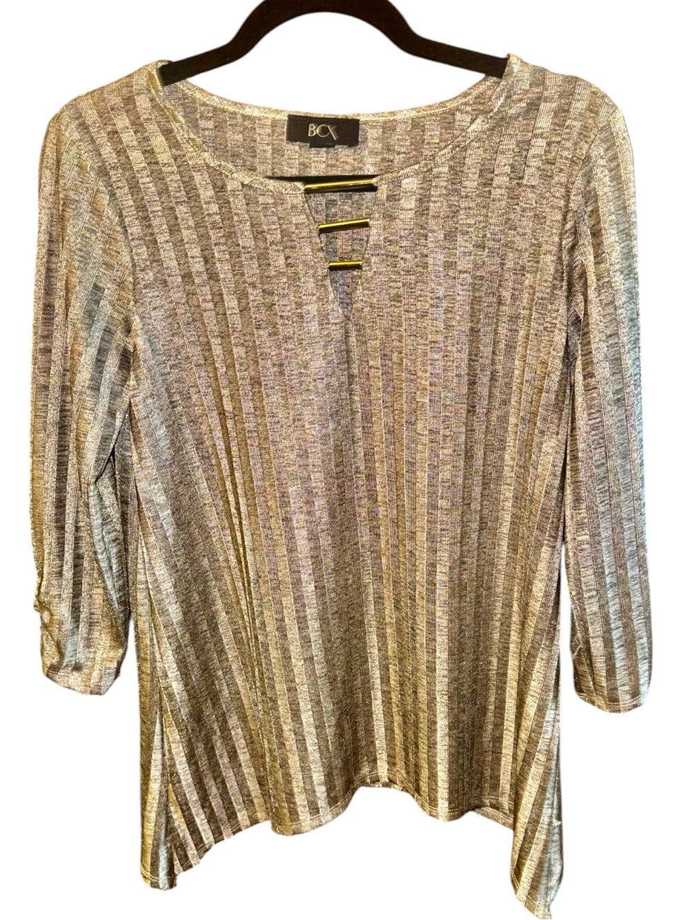 BCX Metallic Silver & Gray Striped Top
